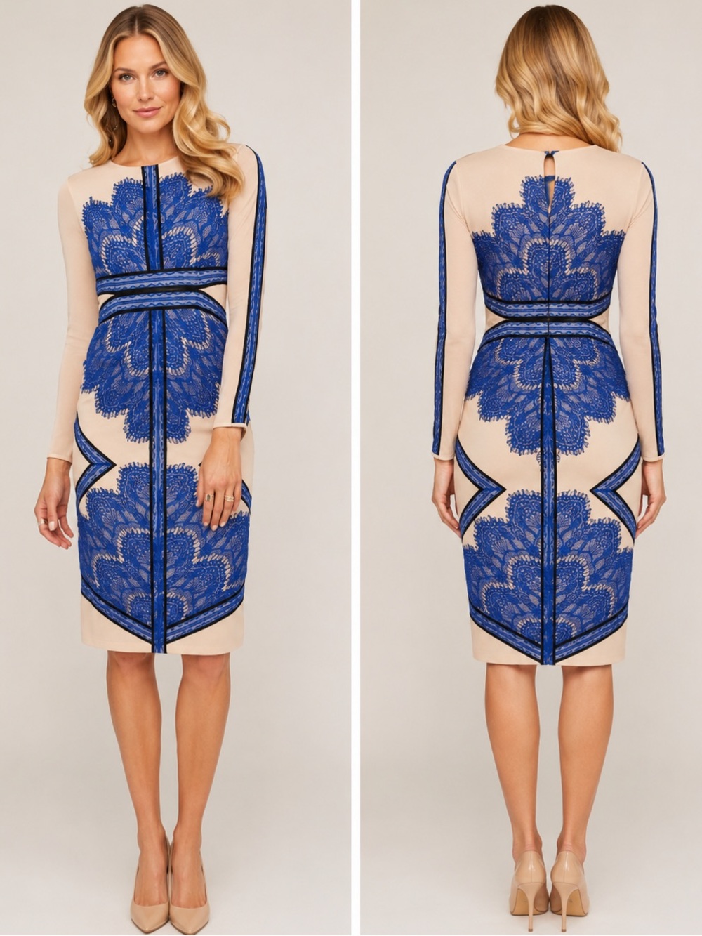 Snidel Yvette Blue Lace Long Sleeve Bodycon Midi Dress Size L Runs Small